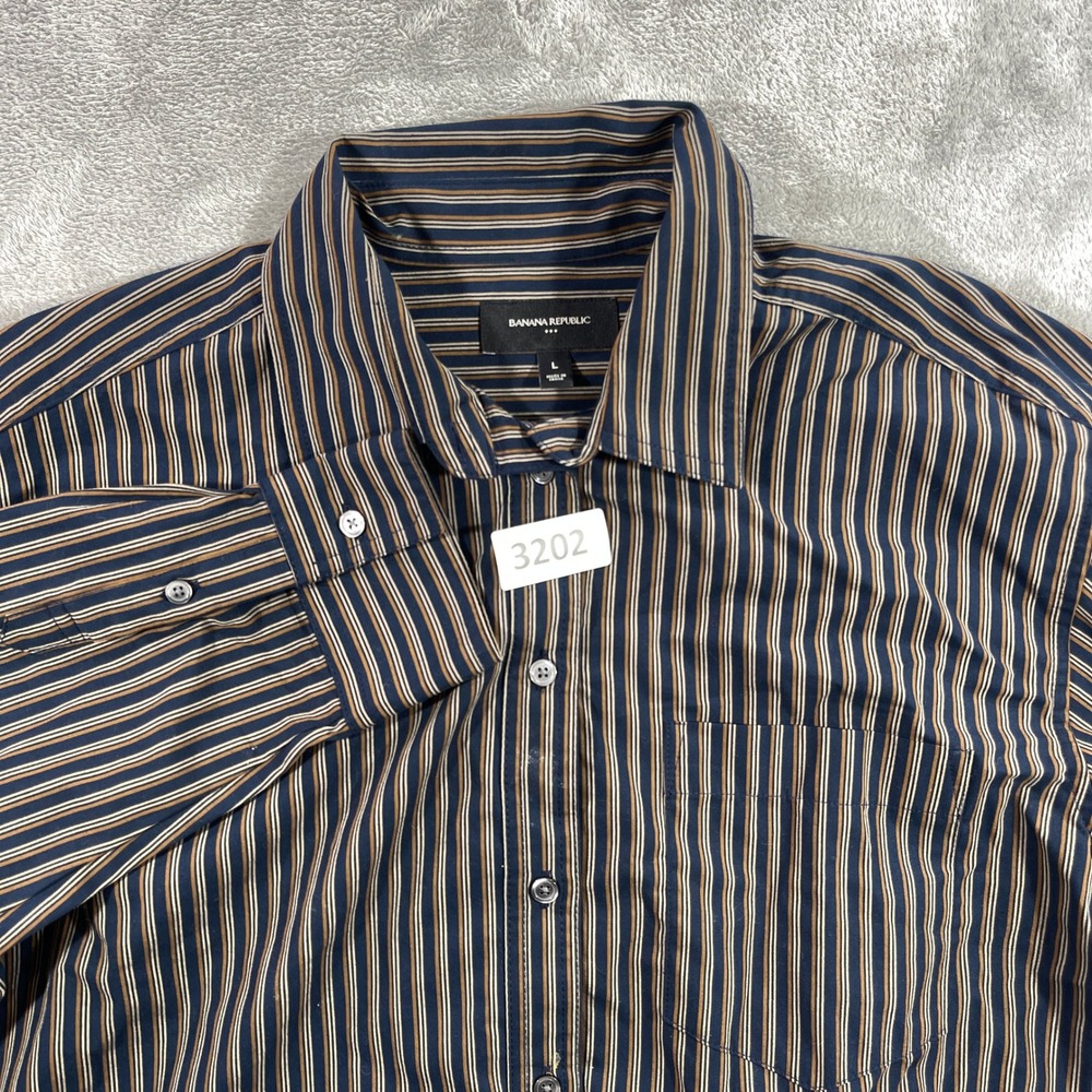 Banana Republic LS Cropped Shirt Mens L Navy Stripe Cotton 526940-00